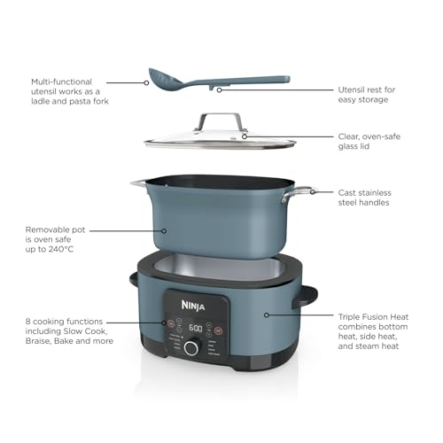 Ninja Foodi PossibleCooker, 8-in-1 Slow Cooker with Removable Non-Stick Pot, Steaming Rack, 8L, Sea Salt Grey