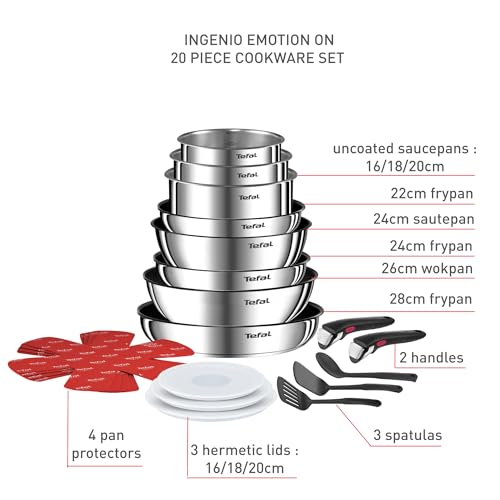 Tefal Ingenio Detachable Handle Pan 20pcs, Stainless Steel, Compact, Compatible with All hobs Induction & Oven