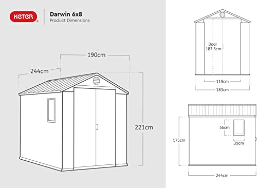 Keter Darwin Outdoor Apex Double Door Garden Storage Shed 6 x 8ft Grey Evotech+ Wood Look and Feel