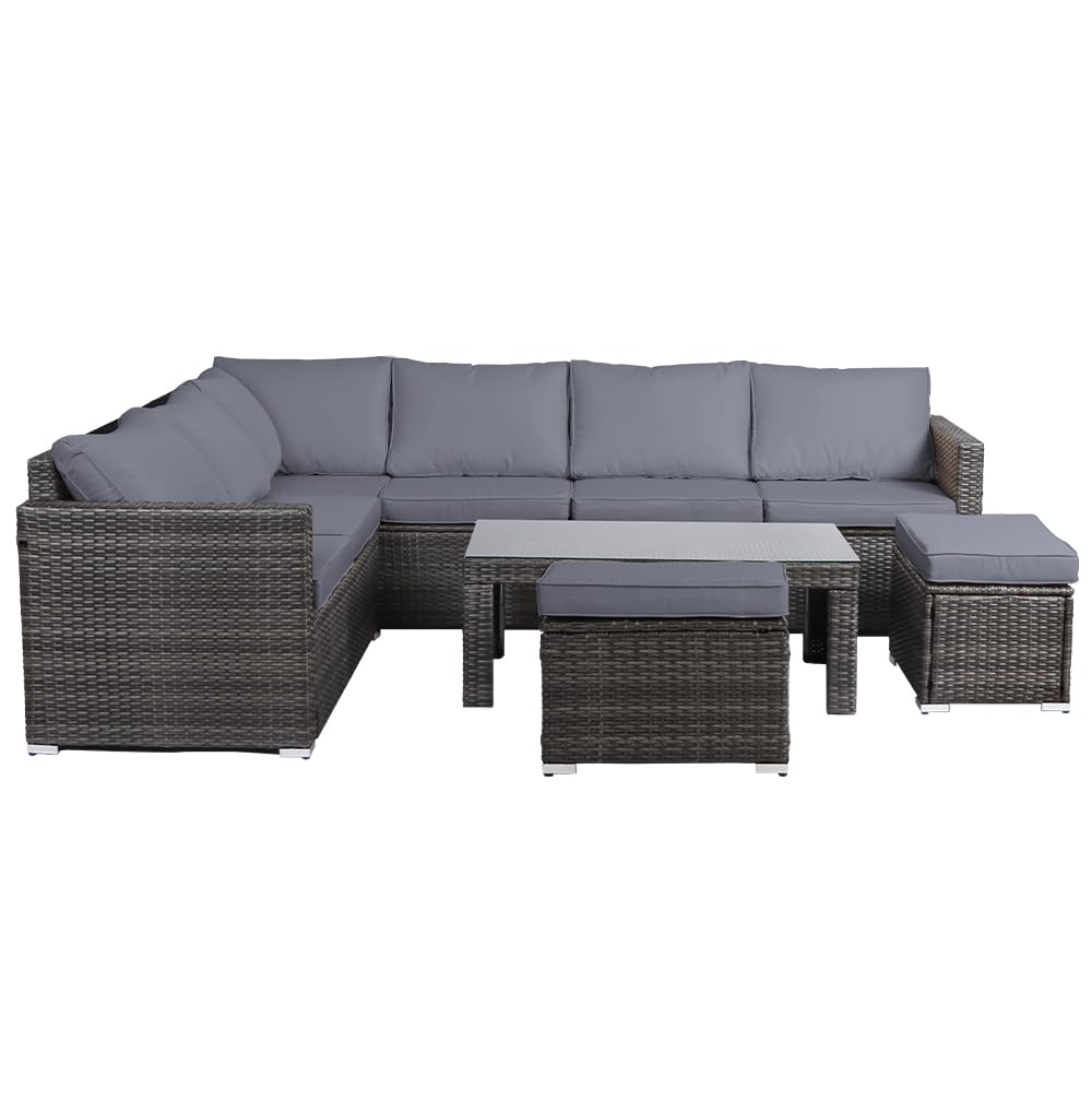 Panana Rattan Garden Sofa Set 8 Seater Outdoor Lounge Sofa with Coffee Table and Stools