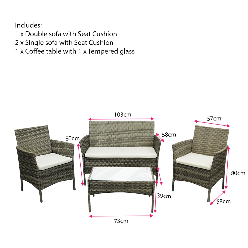 Rattan Garden Furniture Sofa Set with Coffee Table Chairs 4 Seater for Outdoor Patio Balcony