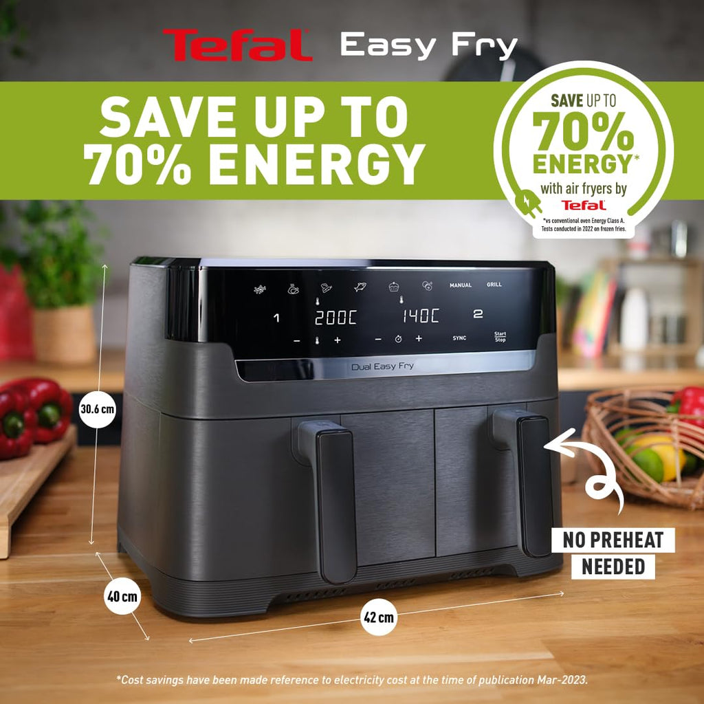 Tefal Easy Fry Dual Zone Digital Air Fryer, 2 Drawers, 8.3L, 8in1, Air Fry, Extra Crisp, Roast, Bake, Reheat, Grey