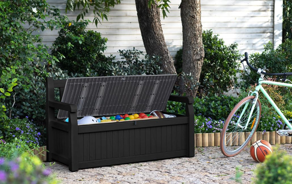 Keter Eden Bench 265L Outdoor 60% recycled Garden Furniture Storage Box Graphite & Light Grey