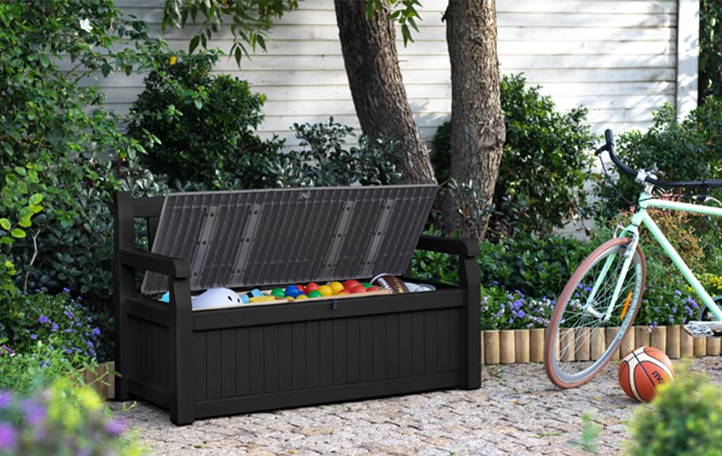 Keter Eden Bench 265L Outdoor 60% recycled Garden Furniture Storage Box Graphite & Light Grey
