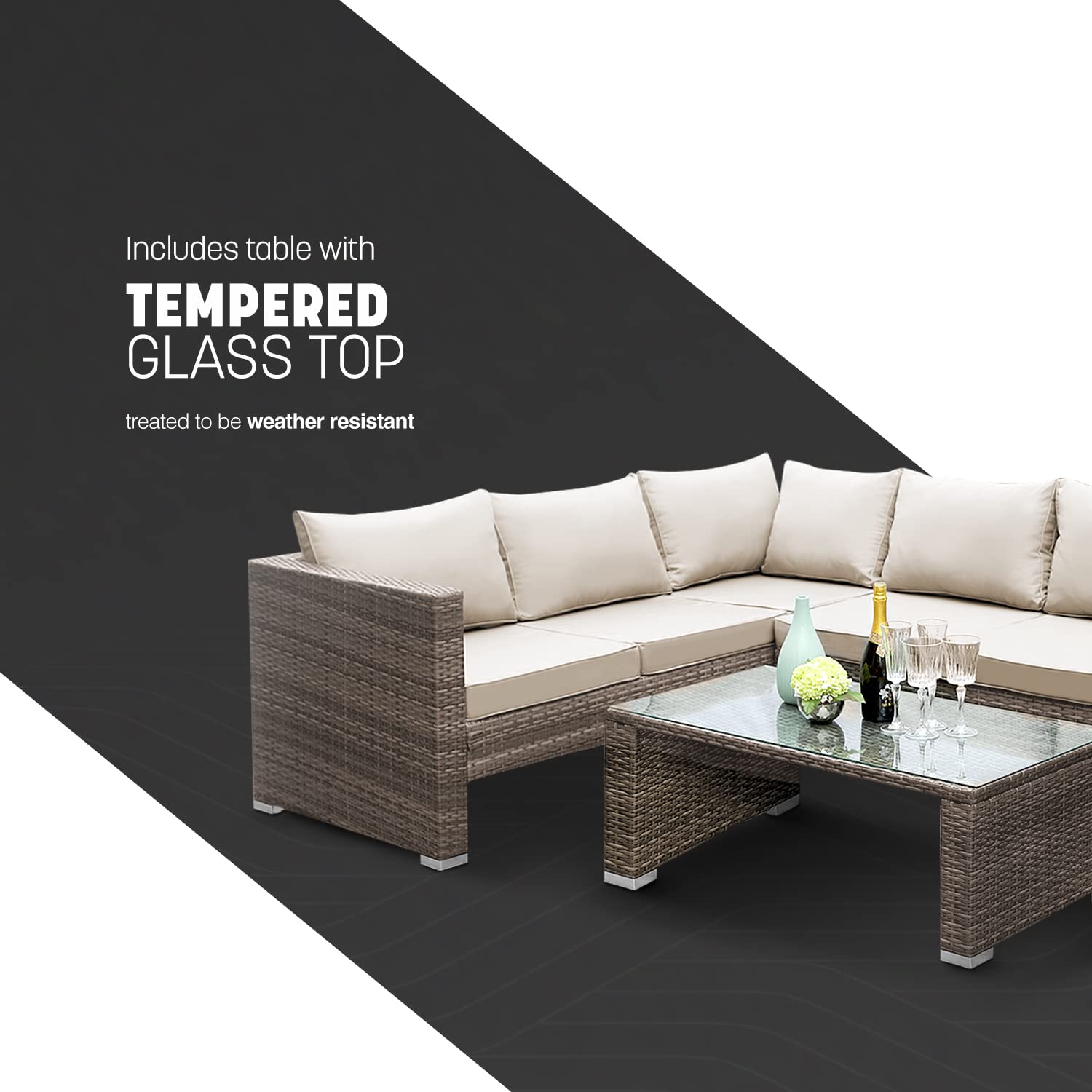 KEPLIN 9pc Corner Rattan Garden Furniture Set – Corner Garden Furniture Patio Set for Lawn