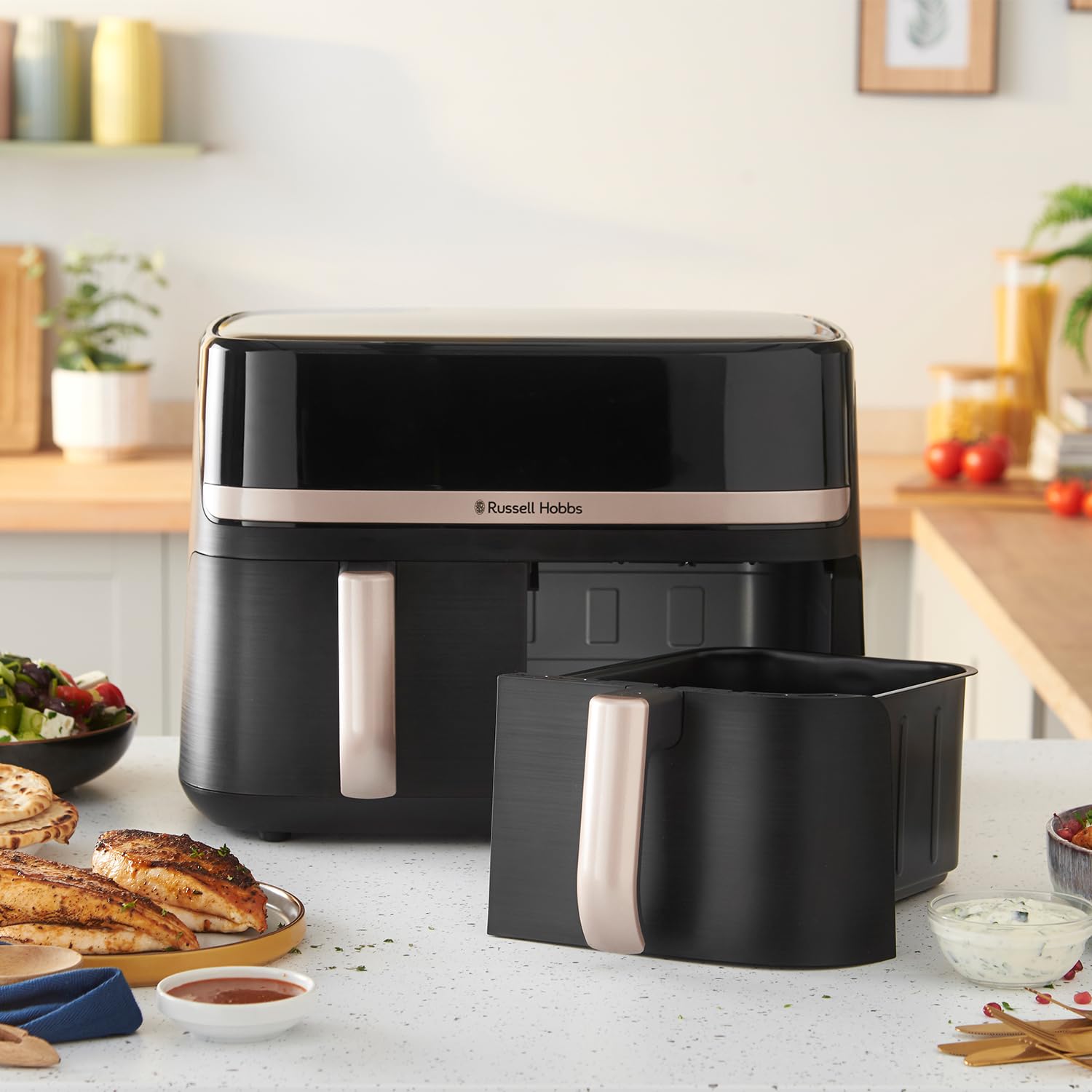 Russell Hobbs Dual Air Fryer 9L Rapid Airfryer [Dual Basket/Zone, Low-Noise, 9 Programs] satisfry