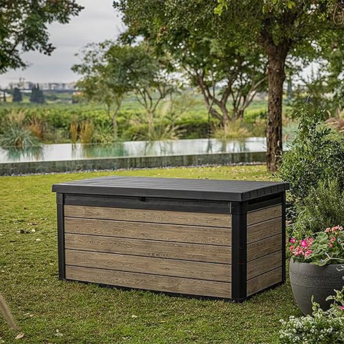 Keter Signature 570L Outdoor Storage Box – Ashwood Brown | Lockable Weatherproof Garden Deck Box & Bench