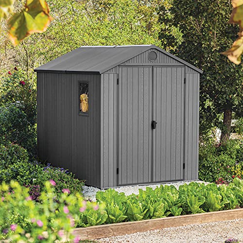 Keter Darwin Outdoor Apex Double Door Garden Storage Shed 6 x 8ft Grey Evotech+ Wood Look and Feel
