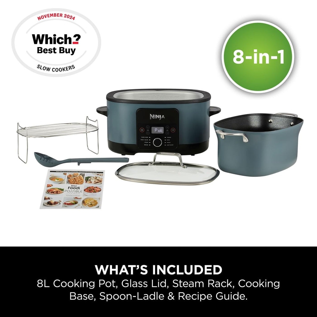 Ninja Foodi PossibleCooker, 8-in-1 Slow Cooker with Removable Non-Stick Pot, Steaming Rack, 8L, Sea Salt Grey