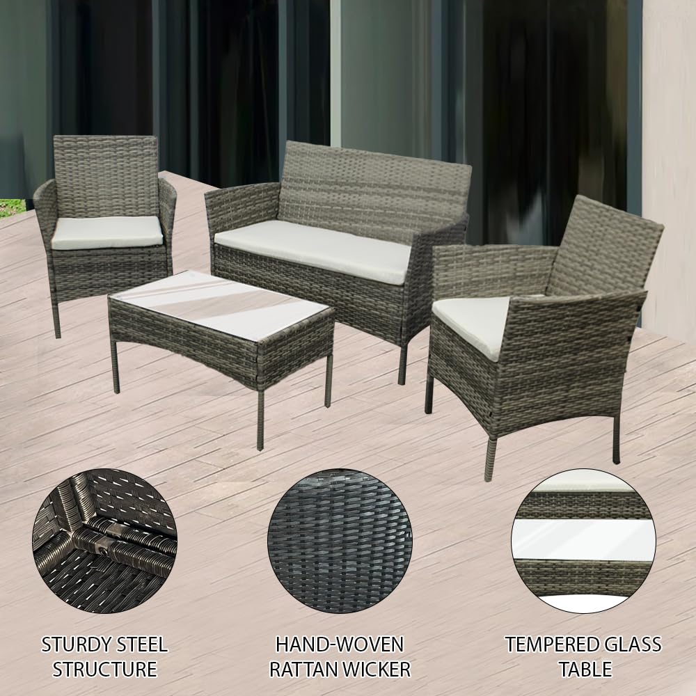 Rattan Garden Furniture Sofa Set with Coffee Table Chairs 4 Seater for Outdoor Patio Balcony