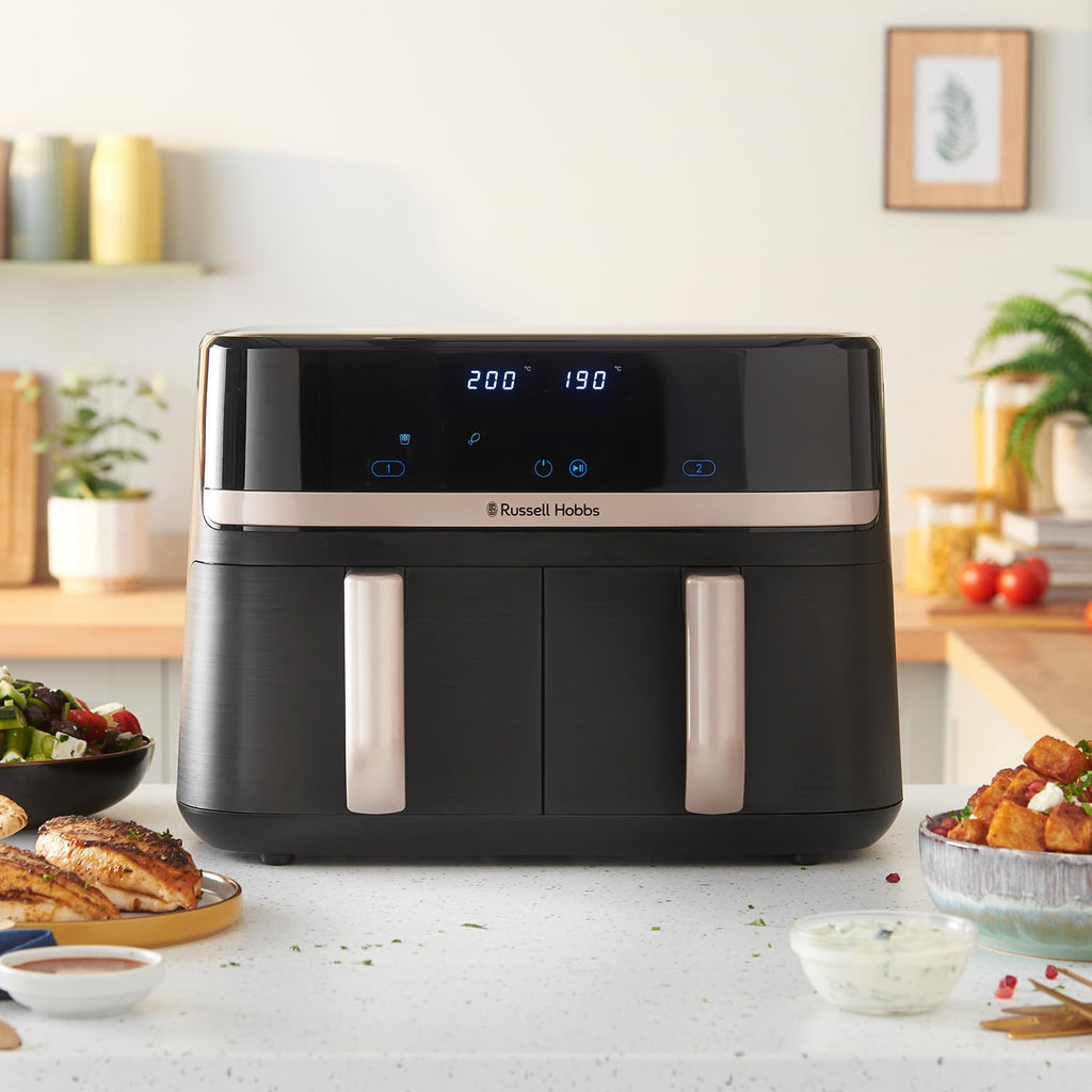 Russell Hobbs Dual Air Fryer 9L Rapid Airfryer [Dual Basket/Zone, Low-Noise, 9 Programs] satisfry