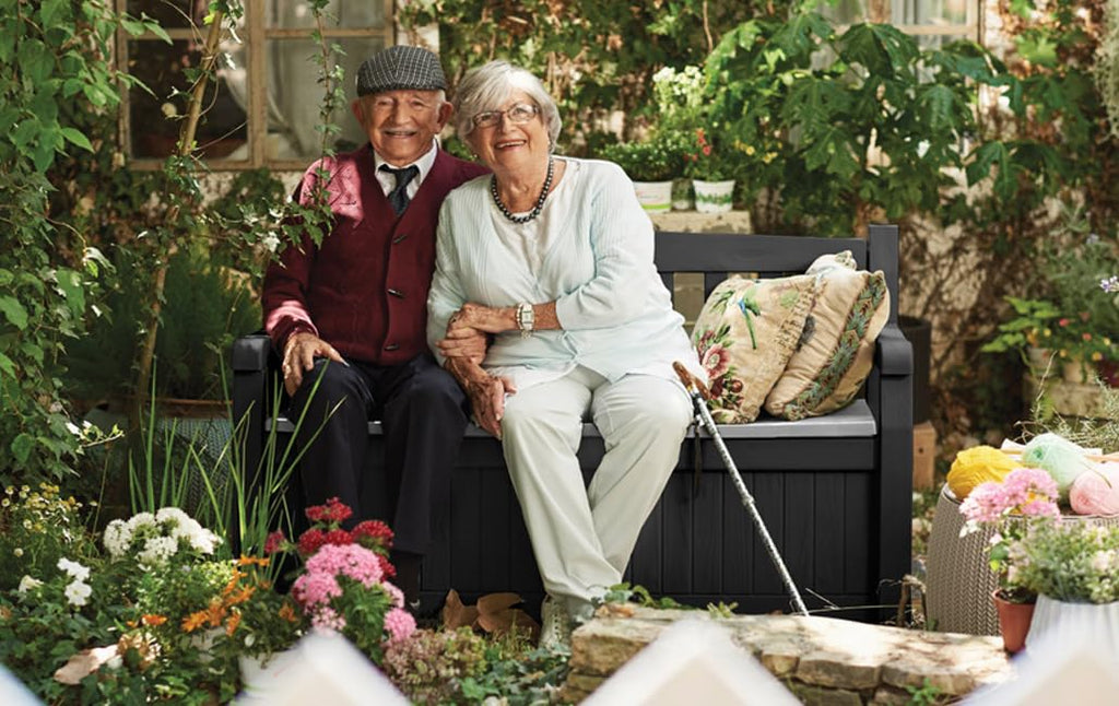 Keter Eden Bench 265L Outdoor 60% recycled Garden Furniture Storage Box Graphite & Light Grey