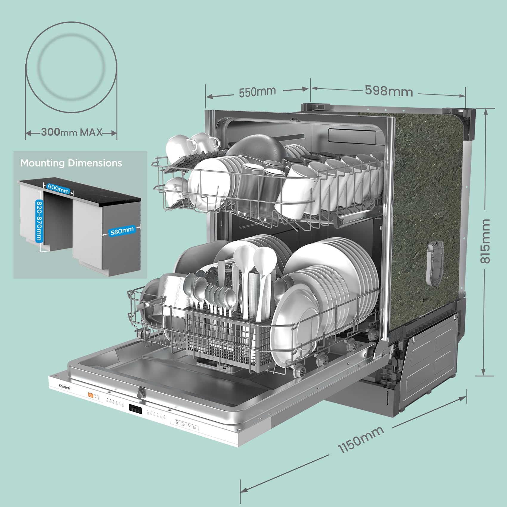 COMFEE' KWH-BD1215P-W Fully Integrated Dishwasher with 12 Place Settings, Cloud Wash - White