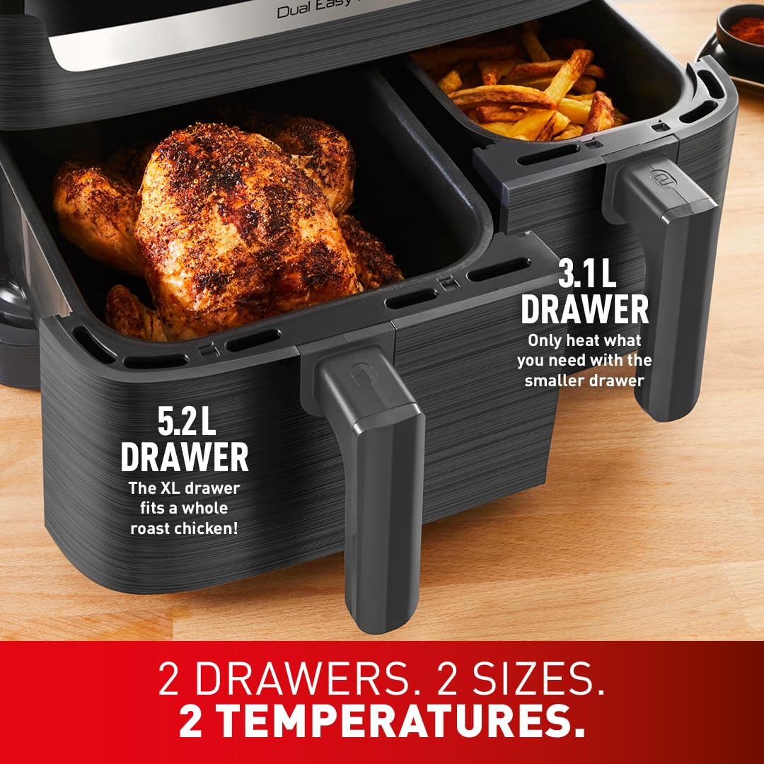 Tefal Easy Fry Dual Zone Digital Air Fryer, 2 Drawers, 8.3L, 8in1, Air Fry, Extra Crisp, Roast, Bake, Reheat, Grey
