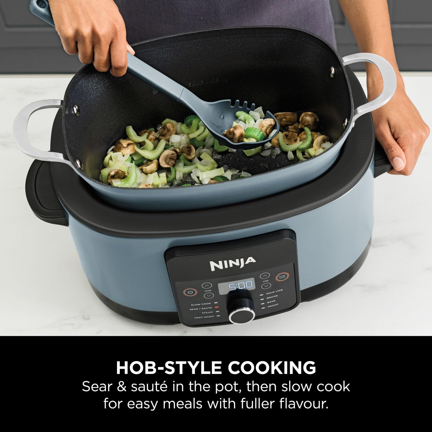 Ninja Foodi PossibleCooker, 8-in-1 Slow Cooker with Removable Non-Stick Pot, Steaming Rack, 8L, Sea Salt Grey