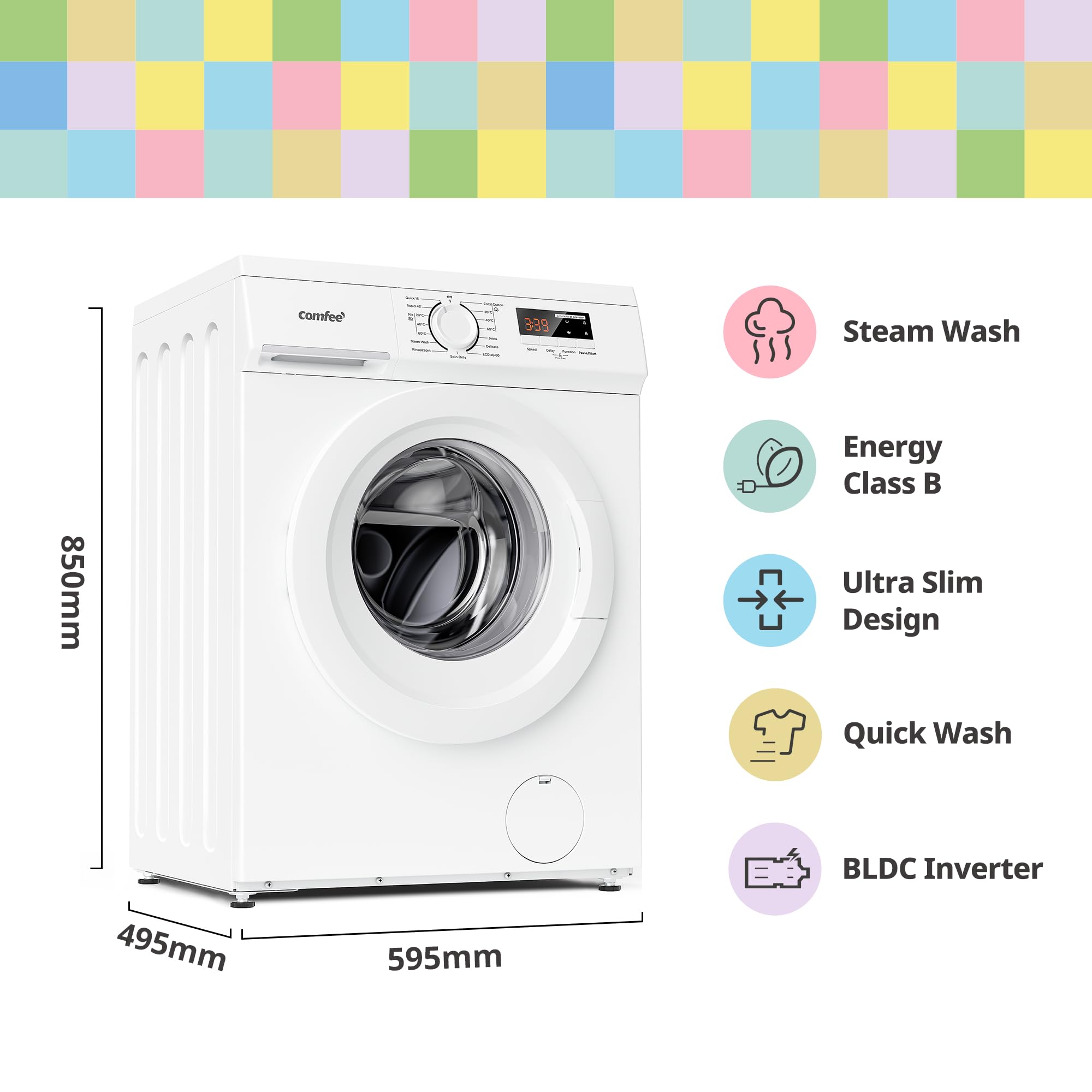 COMFEE' Freestanding Washing Machine,9KG Load,1400RPM,Steam Wash,Quick Wash