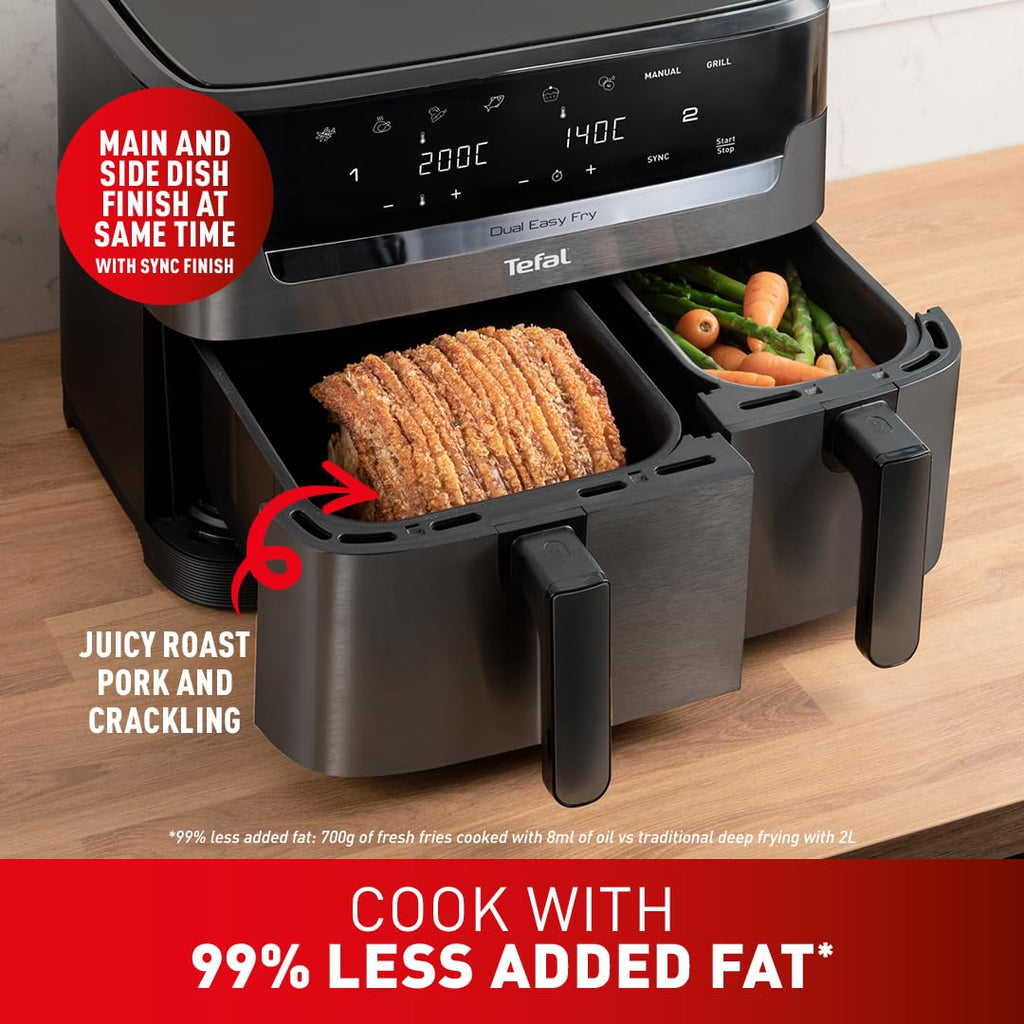 Tefal Easy Fry Dual Zone Digital Air Fryer, 2 Drawers, 8.3L, 8in1, Air Fry, Extra Crisp, Roast, Bake, Reheat, Grey