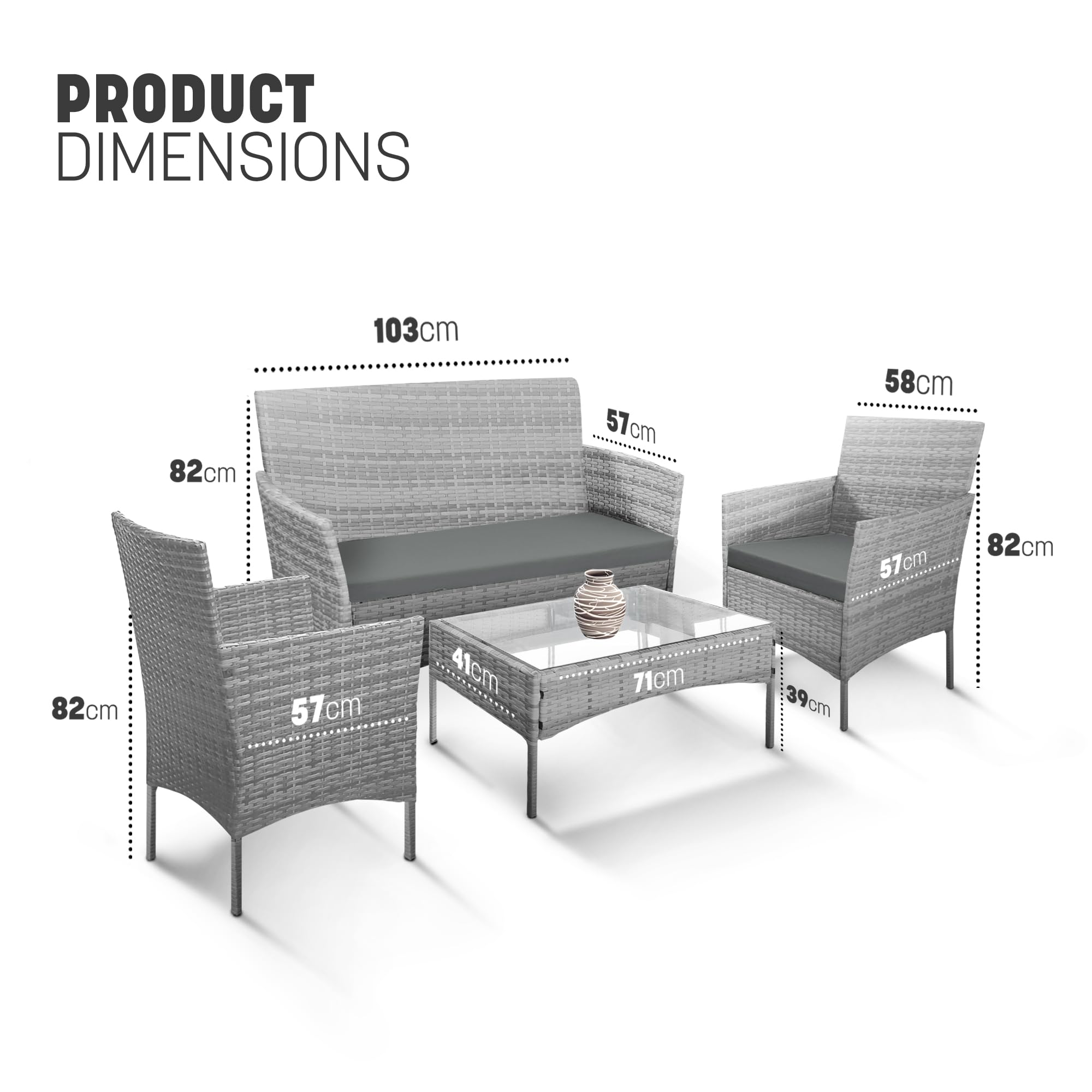 KEPLIN 4pc Rattan Garden Furniture Set – Outdoor Lounger Sofa, Chairs and Table Bistro Set for Lawn