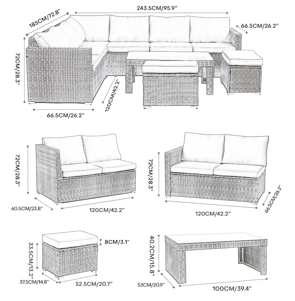 Panana Rattan Garden Sofa Set 8 Seater Outdoor Lounge Sofa with Coffee Table and Stools