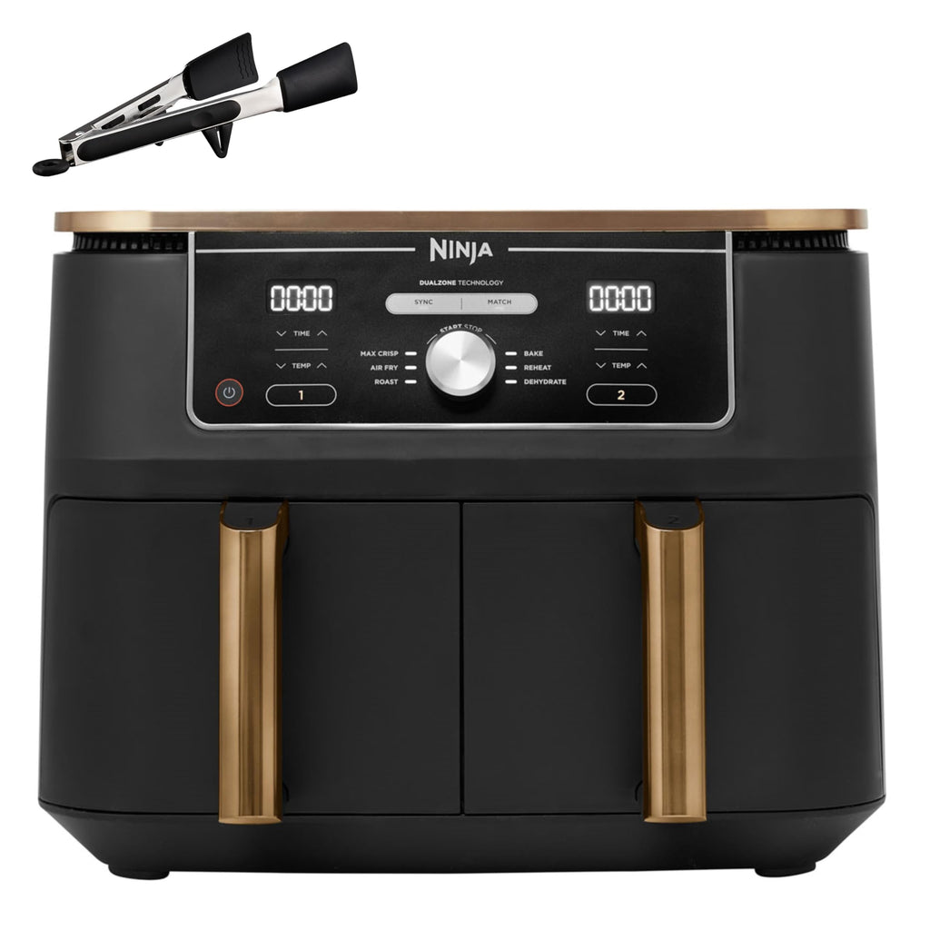 Ninja Foodi MAX Dual Zone Air Fryer, Amazon Exclusive, Tongs, 2 Drawers, 9.5L, 6-in-1, Use No Oil,Copper/Black