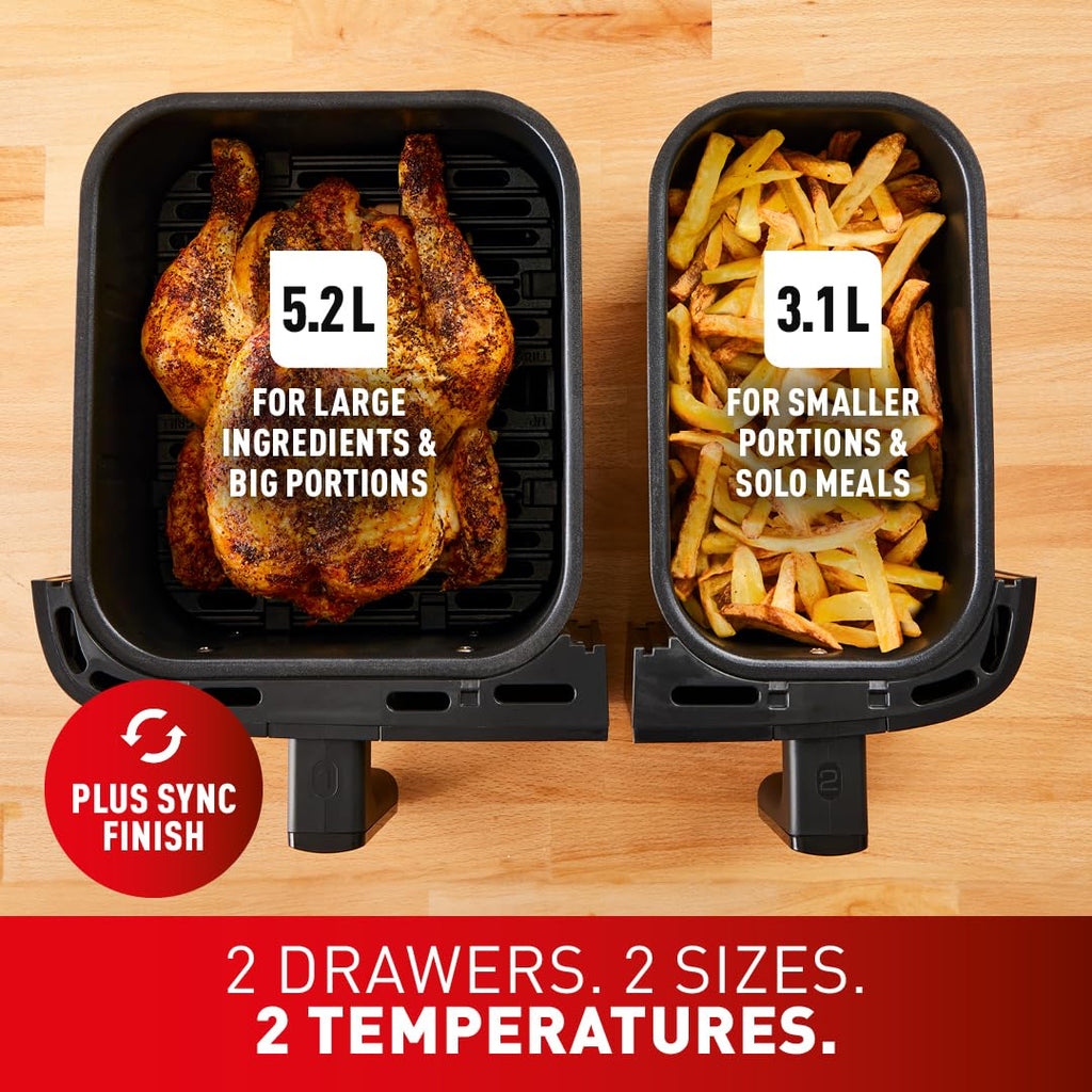 Tefal Easy Fry Dual Zone Digital Air Fryer, 2 Drawers, 8.3L, 8in1, Air Fry, Extra Crisp, Roast, Bake, Reheat, Grey