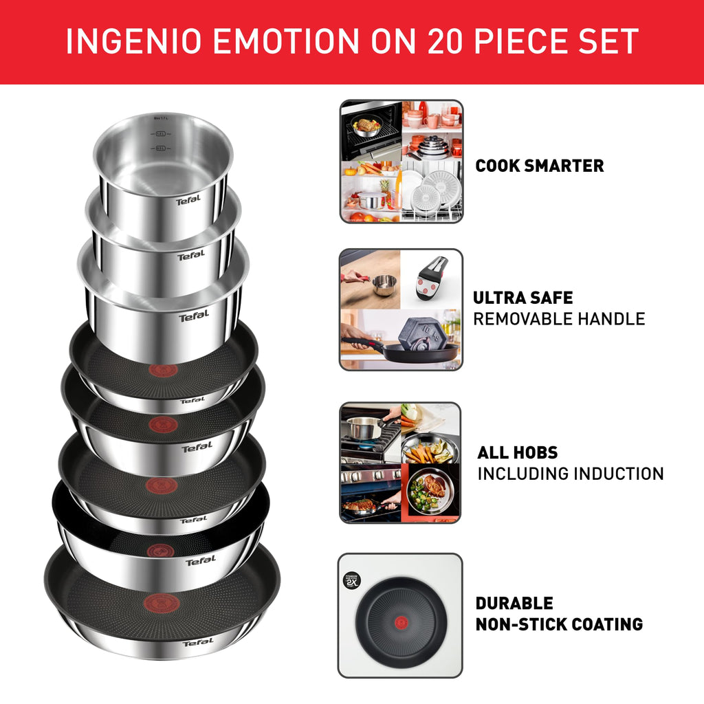 Tefal Ingenio Detachable Handle Pan 20pcs, Stainless Steel, Compact, Compatible with All hobs Induction & Oven