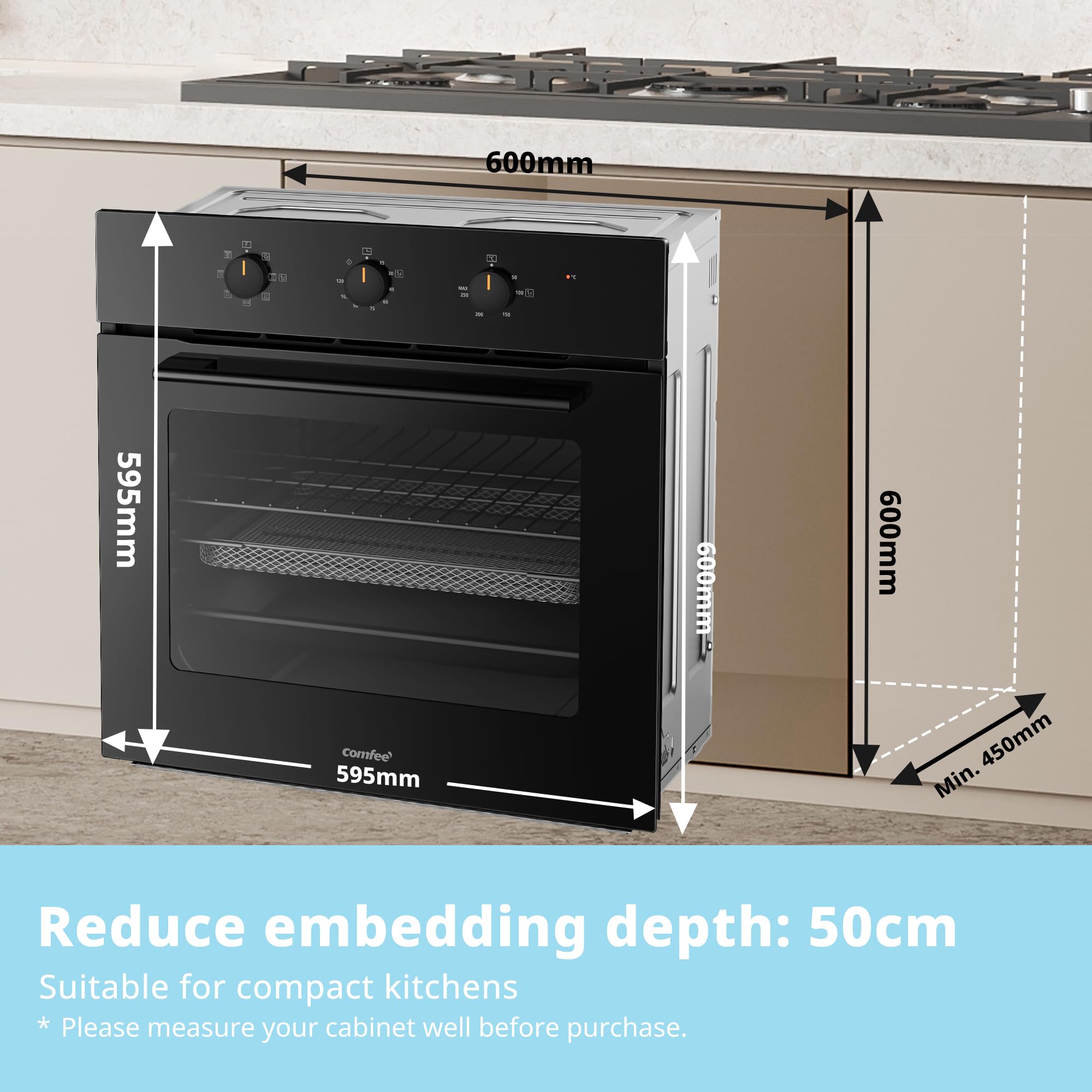 COMFEE' 60cm Built-in Electric Fan Oven, 60 Litre, 8 Oven Function with Air Fry