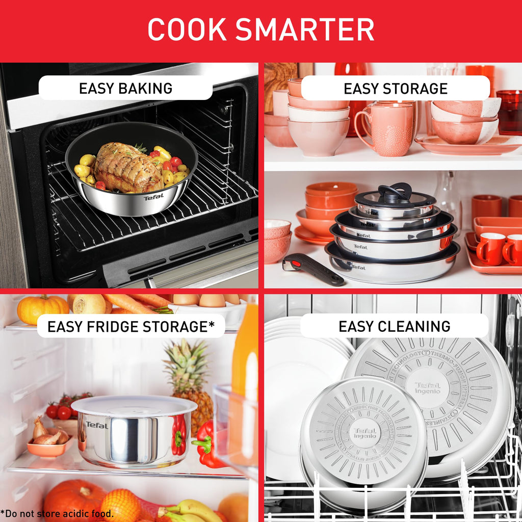 Tefal Ingenio Detachable Handle Pan 20pcs, Stainless Steel, Compact, Compatible with All hobs Induction & Oven