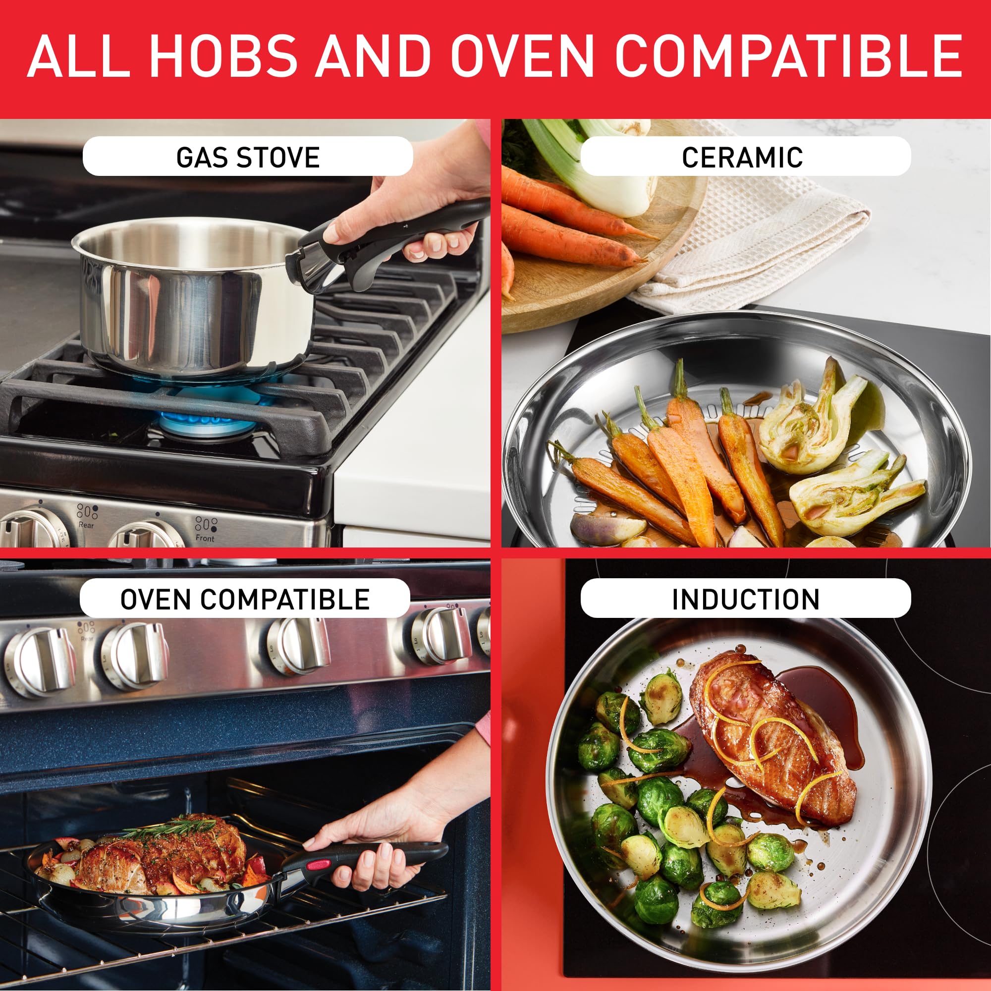 Tefal Ingenio Detachable Handle Pan 20pcs, Stainless Steel, Compact, Compatible with All hobs Induction & Oven