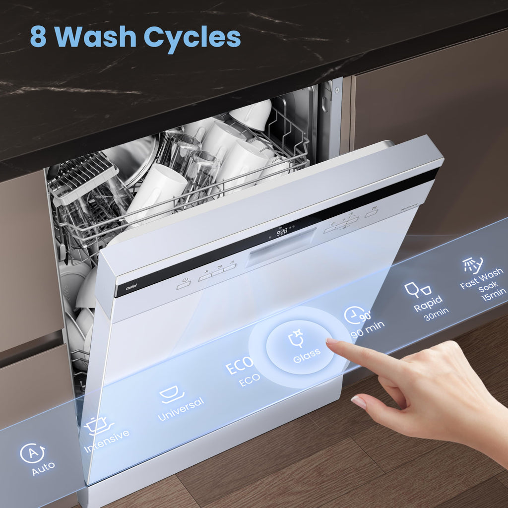 COMFEE' Freestanding Dishwasher FD1435E-W with 14 place settings, Full Size, 44dB, Wide LED Display