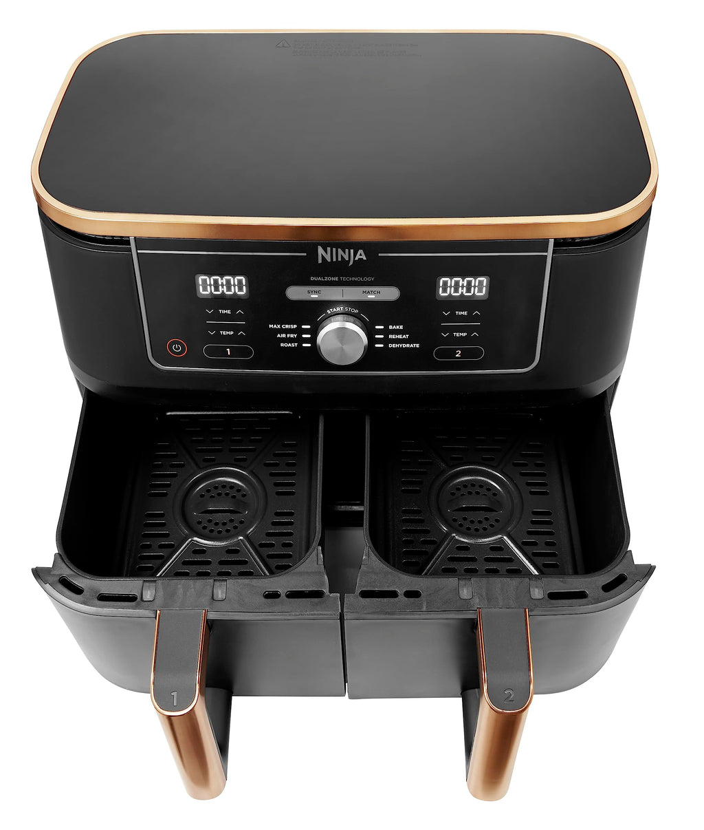 Ninja Foodi MAX Dual Zone Air Fryer, Amazon Exclusive, Tongs, 2 Drawers, 9.5L, 6-in-1, Use No Oil,Copper/Black