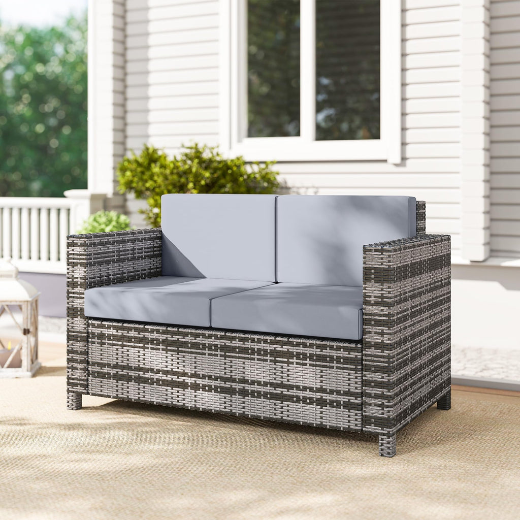 Outsunny Rattan Sofa, 2 Seater Garden Furniture with Soft Padded Cushion and Armrests