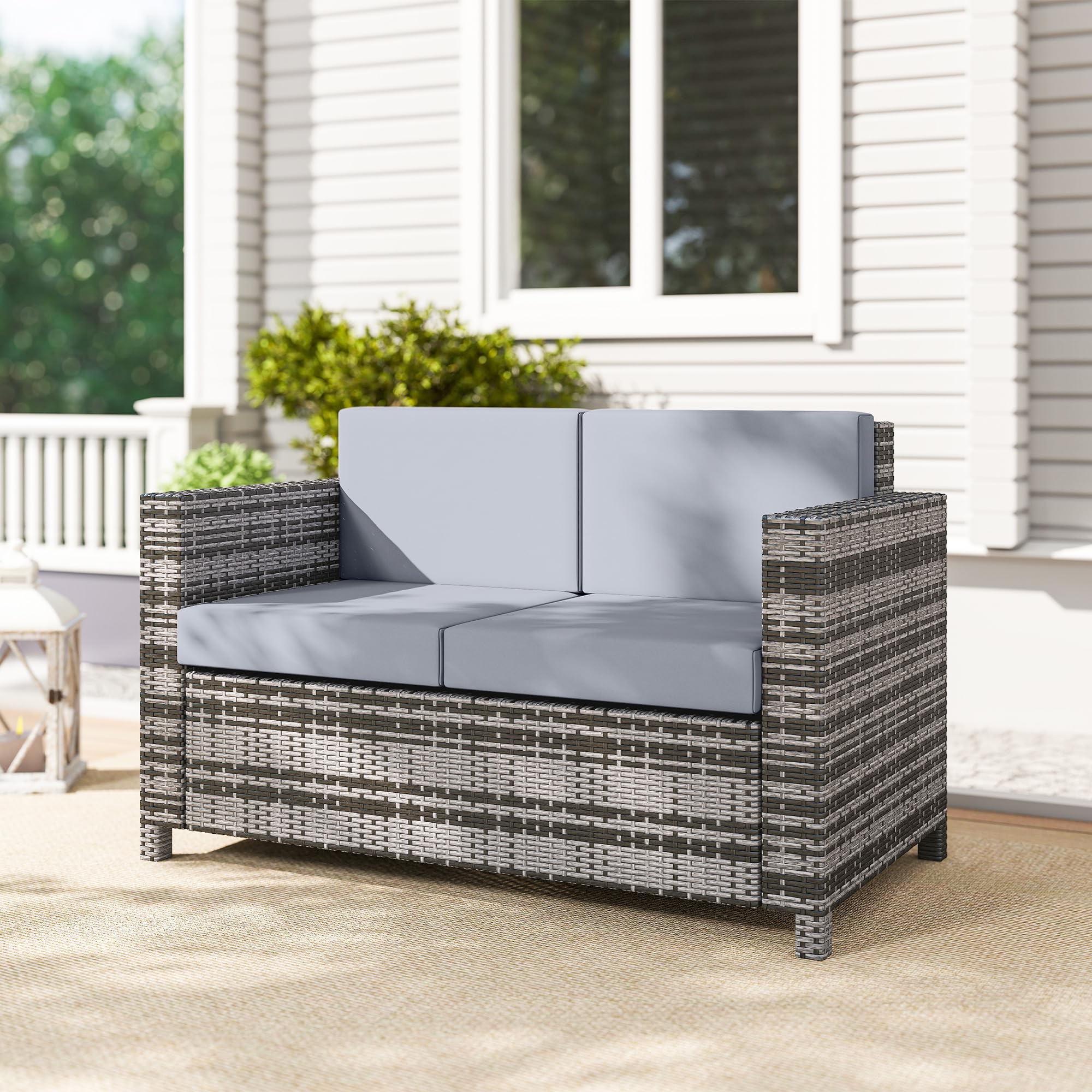 Outsunny Rattan Sofa, 2 Seater Garden Furniture with Soft Padded Cushion and Armrests