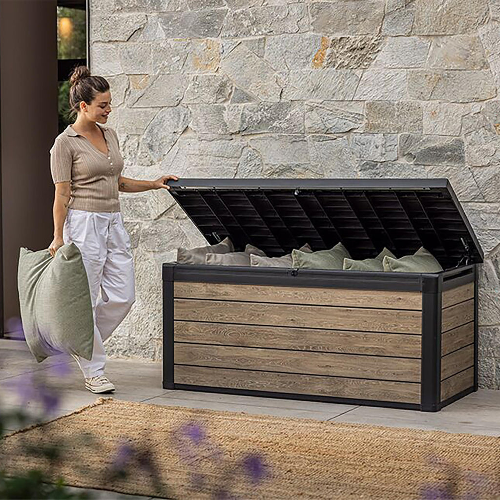 Keter Signature 570L Outdoor Storage Box – Ashwood Brown | Lockable Weatherproof Garden Deck Box & Bench