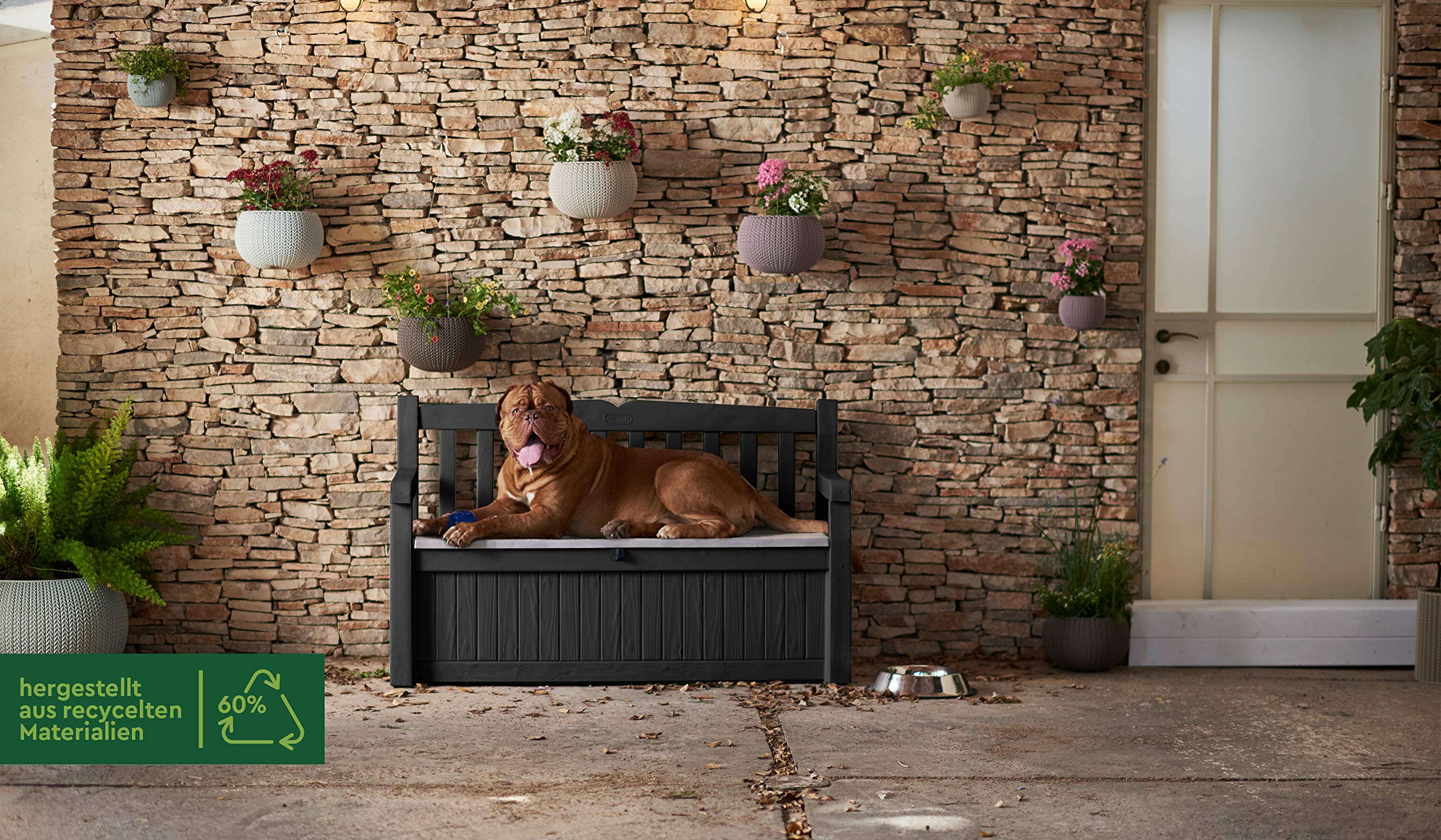 Keter Eden Bench 265L Outdoor 60% recycled Garden Furniture Storage Box Graphite & Light Grey