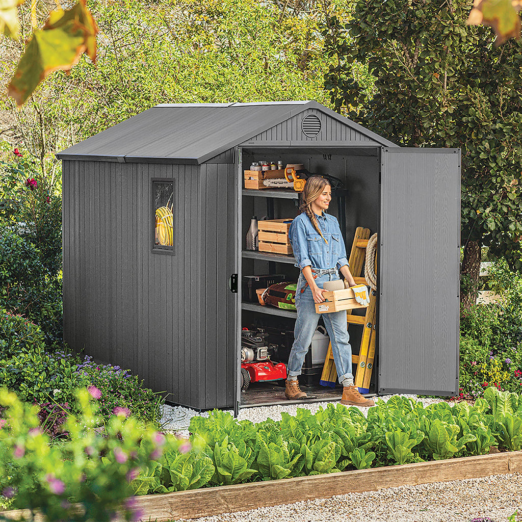 Keter Darwin Outdoor Apex Double Door Garden Storage Shed 6 x 8ft Grey Evotech+ Wood Look and Feel