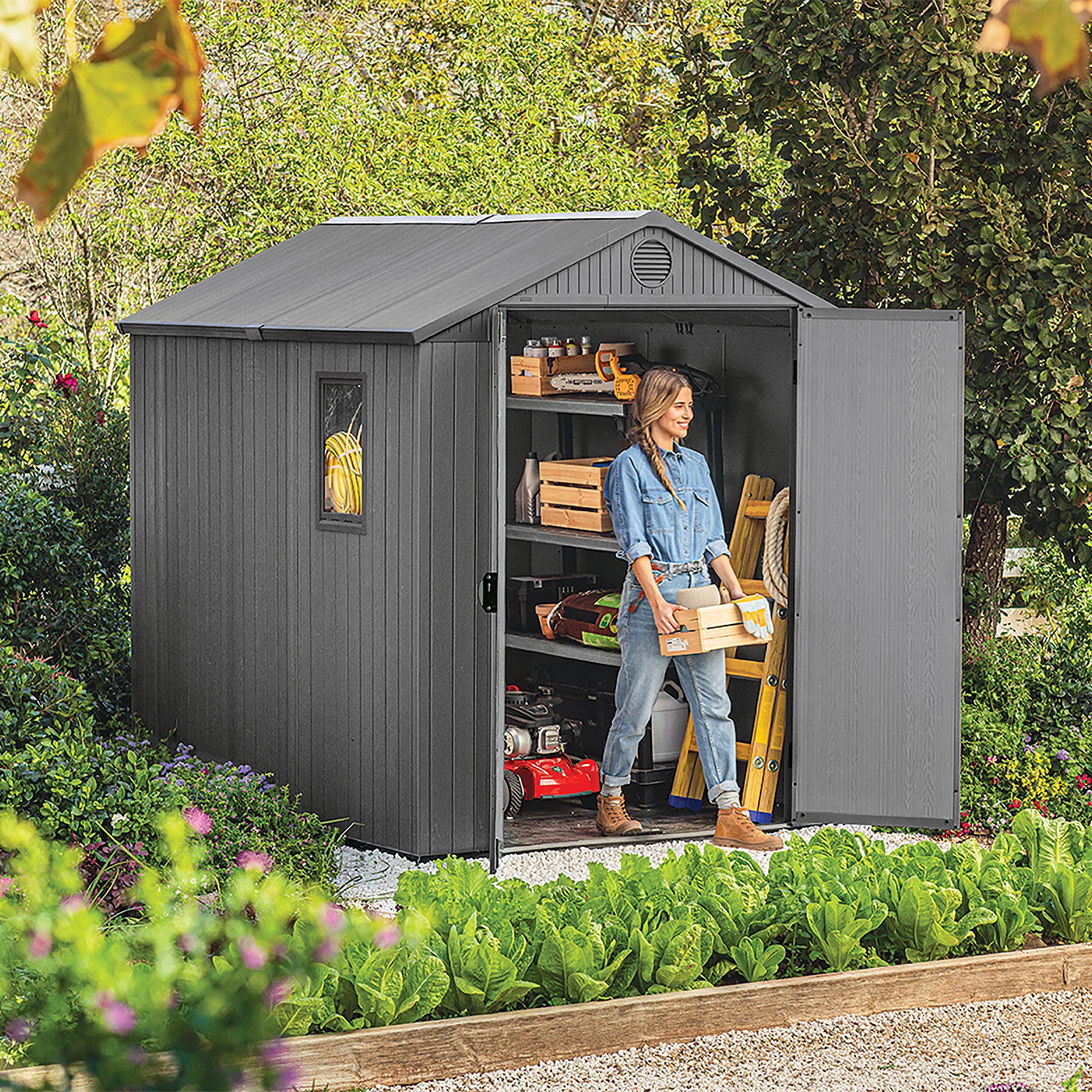 Keter Darwin Outdoor Apex Double Door Garden Storage Shed 6 x 8ft Grey Evotech+ Wood Look and Feel