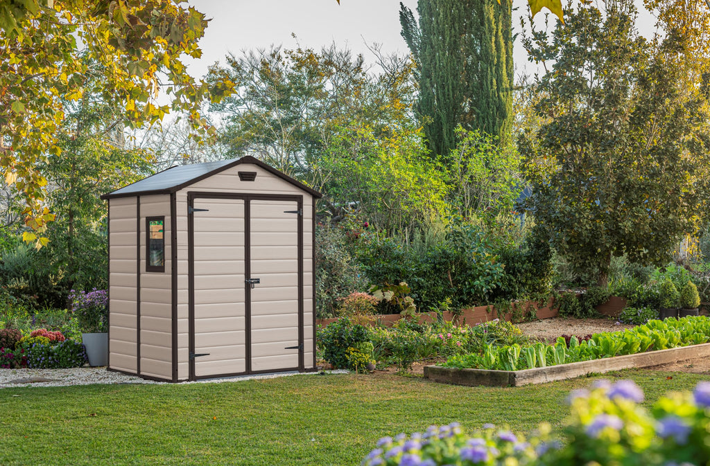 Keter, Manor Apex 6 x 5 ft Outdoor Garden Storage Shed, elegant wood-effect double door design for easy access